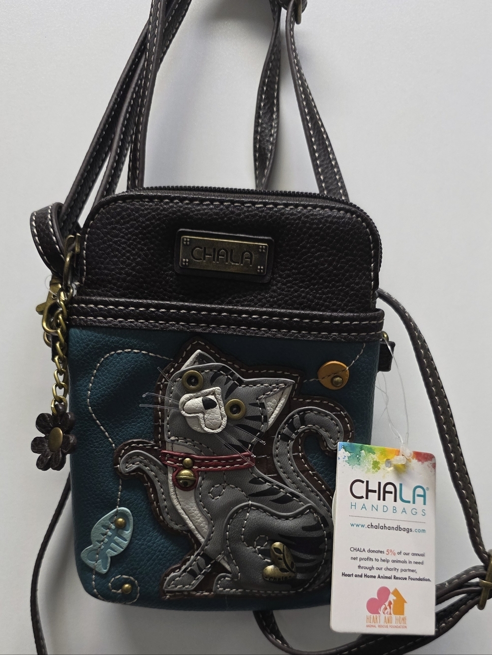 Chala Teal and Dark Brown Crossbody Bag with Cat Appliqué and Charm